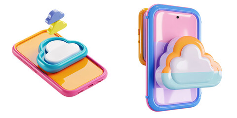 Wall Mural - 3d icon of a colorful mobile phone with a cloud computing symbol, white isolated background for clip