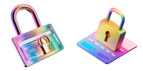 Wall Mural - 3D icon of a colorful credit card with a padlock, white isolated background for clipping