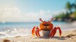 © Helois - A red crab with big eyes holding a bucket on the sandy beach.