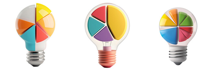 Wall Mural - 3D icon of a colorful light bulb with a pie chart, white isolated background for clipping
