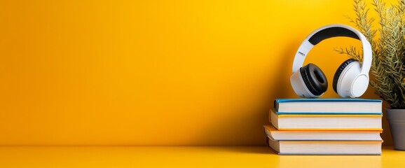 stack of books with headphones on top, yellow background, banner for online learning site