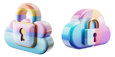 Wall Mural - 3D icon of a colorful cloud with a padlock for secure storage, white isolated background for clipping