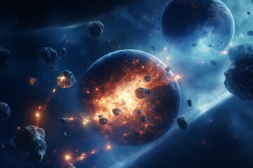 Wall Mural - cosmic collision: a planet explodes in a spectacular display of fire and debris