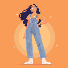 Wall Mural - Fashionable girl with long hair in casual overalls and sneakers.