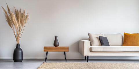 Minimalistic living room with beige sofa and natural decor