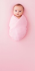 A baby is wrapped in a pink blanket and is looking at the camera on soft background with blank copy space. Vertical format.