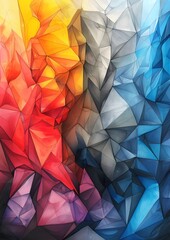 Wall Mural - A colorful abstract painting with a red, yellow, and blue triangle. The painting is made up of many small triangles, and the colors are bright and bold