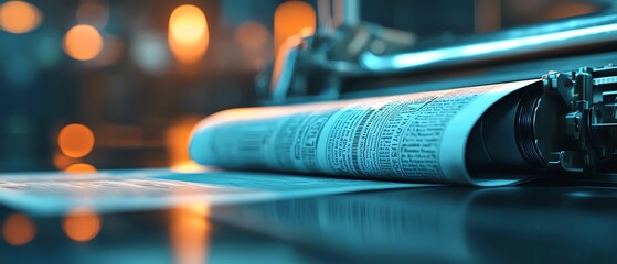 A close-up view of a printing press, highlighting a freshly printed newspaper with a blurred background of warm bokeh lights.