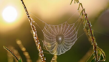 A macro shot of a dew-covered spider web in the early morning with small spider climbing on, highlighting the intricate details of nature.