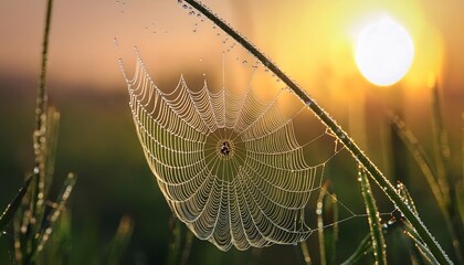A macro shot of a dew-covered spider web in the early morning with small spider climbing on, highlighting the intricate details of nature.