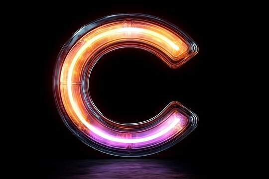 neon light letter C on black background