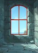 © Alexandr - A window in a stone building with a view of the ocean. The window is red and the stone walls are grey. Scene is calm and peaceful, as the view of the ocean is serene and beautiful