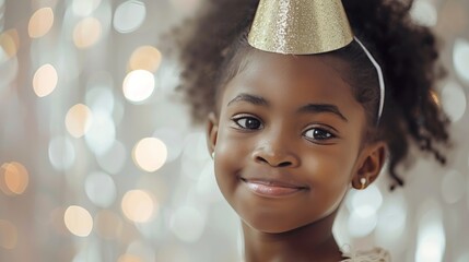 A little girl with party hat portrait, happy birthday photo