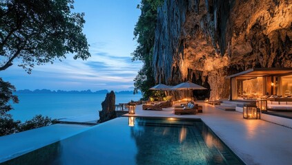 Wall Mural - Luxury resort pool with ocean and cave views.