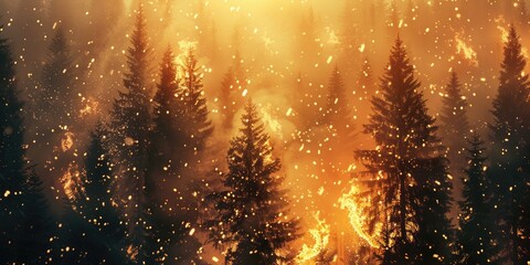 Poster - Burning evergreen trees create towering yellow and orange flames along with sparks