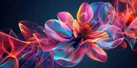 Vivid abstract flower with vibrant neon hues and dynamic light effects against a dark gradient background