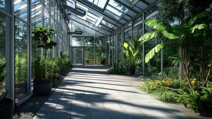 This modern greenhouse features climate control technology and diverse plant life thriving in natural light