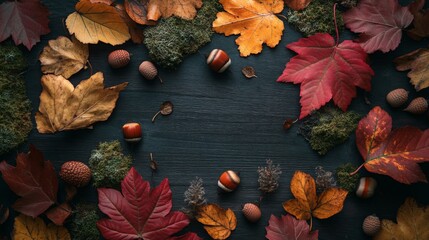 Poster - A beautiful display of vibrant autumn leaves and nuts is arranged on a dark wooden background, capturing the essence of fall.