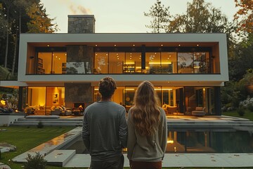 A couple admires a modern house illuminated at sunset near a serene pool in a forested area