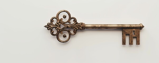 Antique key with ornate design on white background, 4K hyperrealistic photo