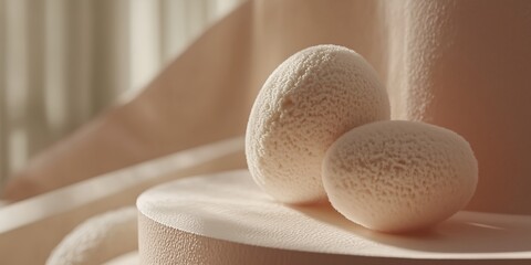 A detailed macro shot of two porous, round natural stones resting on a sculpted, textured surface.