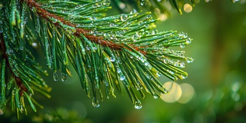 Wall Mural - The vibrant pine branch adorned with sparkling dew drops showcases natures beauty and harmony, creating a profound sense of tranquility and reminding us of the peacefulness of the natural world