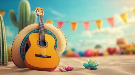 colorful Mexican festival setup on a sandy beach with a sombrero and guitar prominently displayed, bright cacti in the background