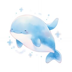 Wall Mural - A cute, cartoon-style whale with a blue gradient and smiling expression, surrounded by stars.