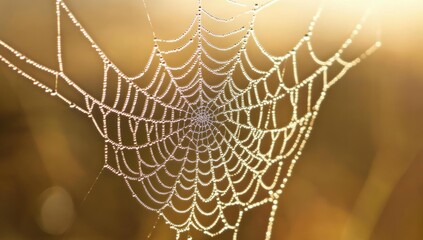 Dew-covered spider web against a golden background.