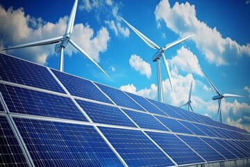 Solar panels and wind turbines under blue sky generating renewable energy