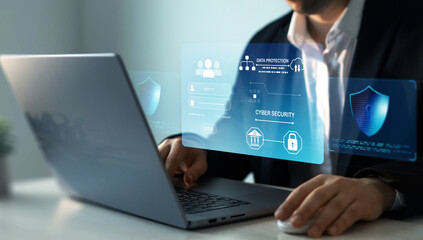 Poster - Protection data access.Cyber security protection concept.Protecting herself from cyber attacks and personal data.