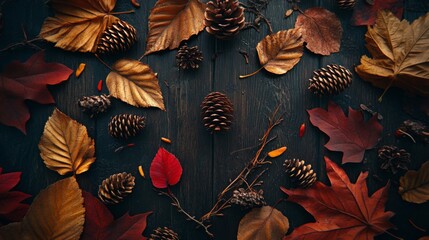 Poster - Colorful autumn leaves and pinecones are thoughtfully arranged on a dark wooden surface, showcasing a cozy seasonal ambiance.