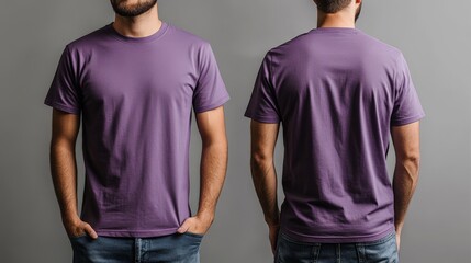 man wears a purple t-shirt, front and back, design mock up