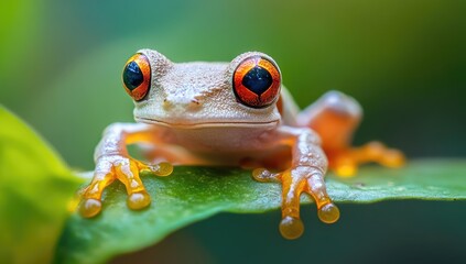 Red-eyed tree frog on a green leaf.