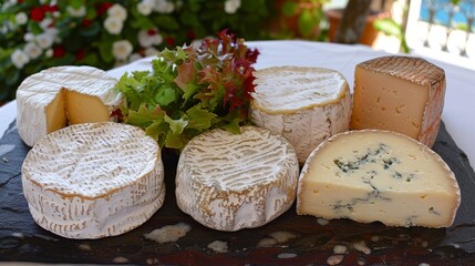 Delicious Variety of Soft Ripened Round Cheeses on a Slate Board, Garnished with Fresh Herbs