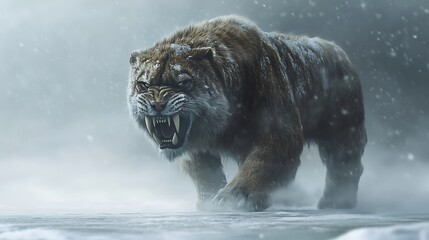 Wall Mural - A saber-toothed tiger stalks through a snowy landscape, its teeth bared in a threatening growl.