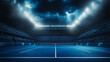 © Nima - A blue tennis court with a net and lines, under dramatic stadium lighting with dark cloudy sky, symbolizing sport, competition, victory, achievement, and anticipation.