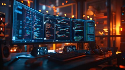 cybersecurity, Coding on Computer Screen in Cozy Office