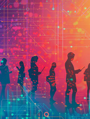 Wall Mural - A group of people silhouetted against a vibrant background of digital circuits and glowing orbs, representing the interconnectedness of technology and society.