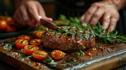 A perfectly grilled steak, resting on a wooden board with rosemary and cherry tomatoes.