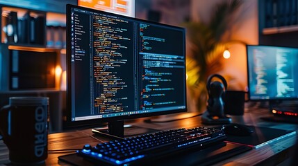 cybersecurity, Coding on Computer Screen in Cozy Office