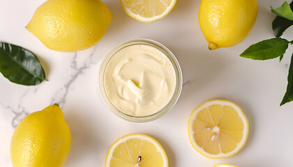 Wall Mural - Jar of organic cream and lemon slices on light marble table, flat lay