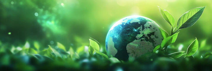 A miniature Earth globe nestled amidst vibrant green leaves, symbolizing the importance of nature, environmental protection, sustainability, growth, and a healthy planet.