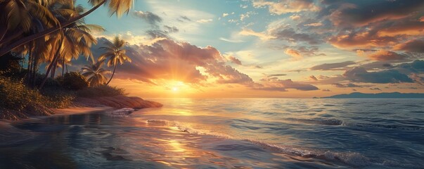 Wall Mural - Sunset over an island shoreline, 4K hyperrealistic photo