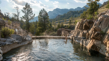 The tranquil mountain peak of the cliff edge hot spring in the twilight mountainous area, where the steam white of dusk blends with the rock ash on the mountain, creates a natural paradise for relaxat