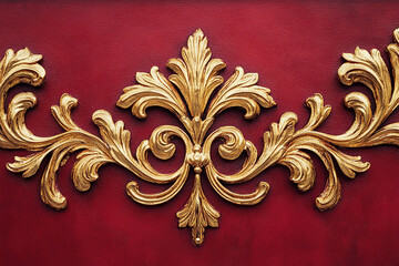 Ornate gold design on red background.