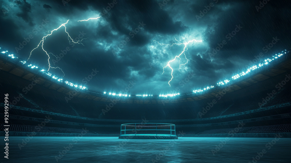 A stormy night over an empty stadium. Thunder and lightning strike ...