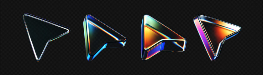 Wall Mural - 3d glass arrow icons set with refraction and holographic effect isolated on dark background. render 