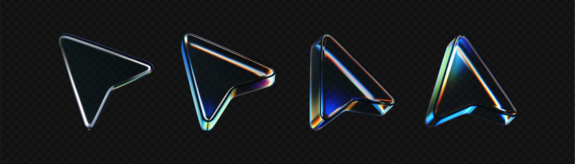 Wall Mural - 3d glass arrow icons set with refraction and holographic effect isolated on dark background. render 