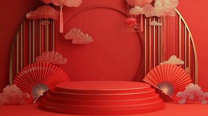 Fototapete - Red backdrop with a podium and decorative Chinese elements such as clouds and folding fans